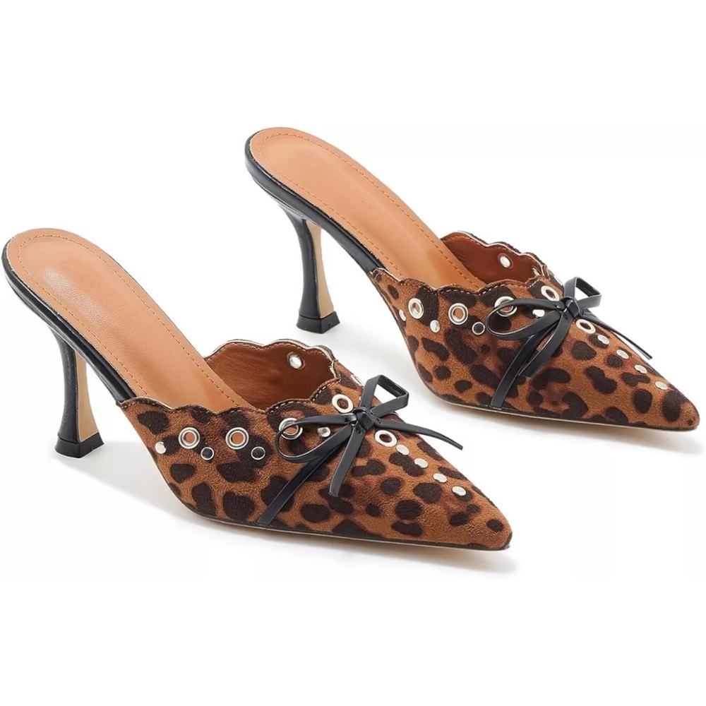 Women Heels Bow Tie Mules Pointy Studs Kitten Heels Dress Pumps Leoaprd Size 6